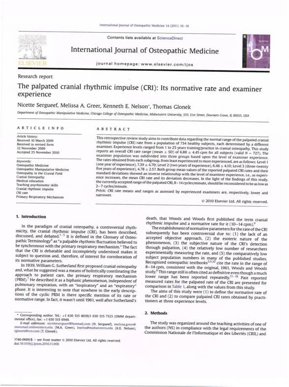 Simultaneous palpation of the craniosacral rate at the head and feet: Intrarater and interrater reliability and rate comparisons. Physical Therapy 78:1175-1185, 1998).