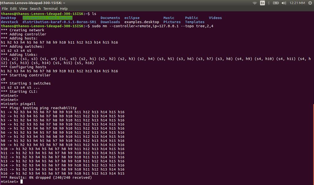 Εικόνα 11: Δημιουργία δικτύου mininet Στη δημιουργία του δικτύου mininet έχουμε δηλώσει ως IP και πόρτα ελεγκτή, αυτά του ODL ελεγκτή (IP=l127.0.0.1 και port=6633).