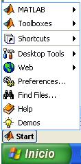 MATLAB, SIMULINK eta SIMPOWERSYSTEMS 4 3. irudia. MATLABen Start botoia 5) Menu nagusia. Mahaigainaren goiko menua da, eta handik MATLABen funtzio guztietara joateko aukera dago.