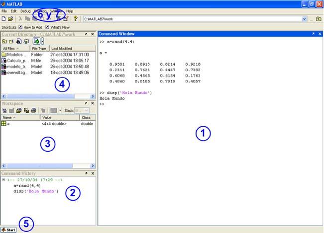 MATLAB, SIMULINK eta SIMPOWERSYSTEMS 3 2. irudia. MATLABen lan-ingurunea (Desktop) MATLABen mahaigainaren elementu nagusiak hauek dira: 1) Komando-leihoa (Command Window).