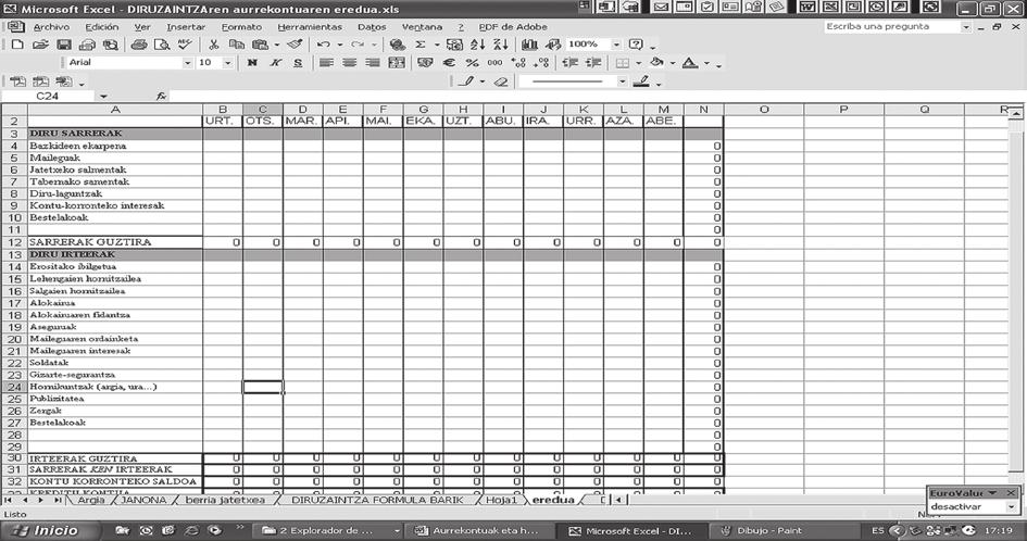 60 Aurrekontuak 8. Excel programak kalkuluak egiteko aukera ematen du; horregatik, dagozkion gelaxketan formulak sartuko ditugu.