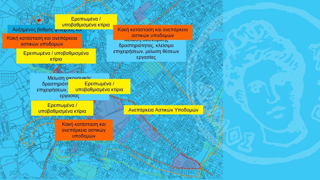 Αποκαρδιωτική η εικόνα της Περιοχής Παρέμβασης, ιδιαίτερα στην καρδιά του ιστορικού κέντρου και τη Συνοικία Μουττάλου: - Μεγάλος αριθμός κενών καταστημάτων και ερειπωμένων ή σε κακή κατάσταση