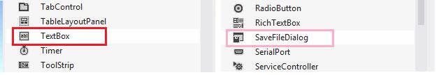 Επίσης, δύο από τα σημαντικότερα εργαλεία που διαθέτει το Visual Studio, είναι το textbox, κουτί κειμένου, και το SaveFileDialog (εικόνα 4.10).