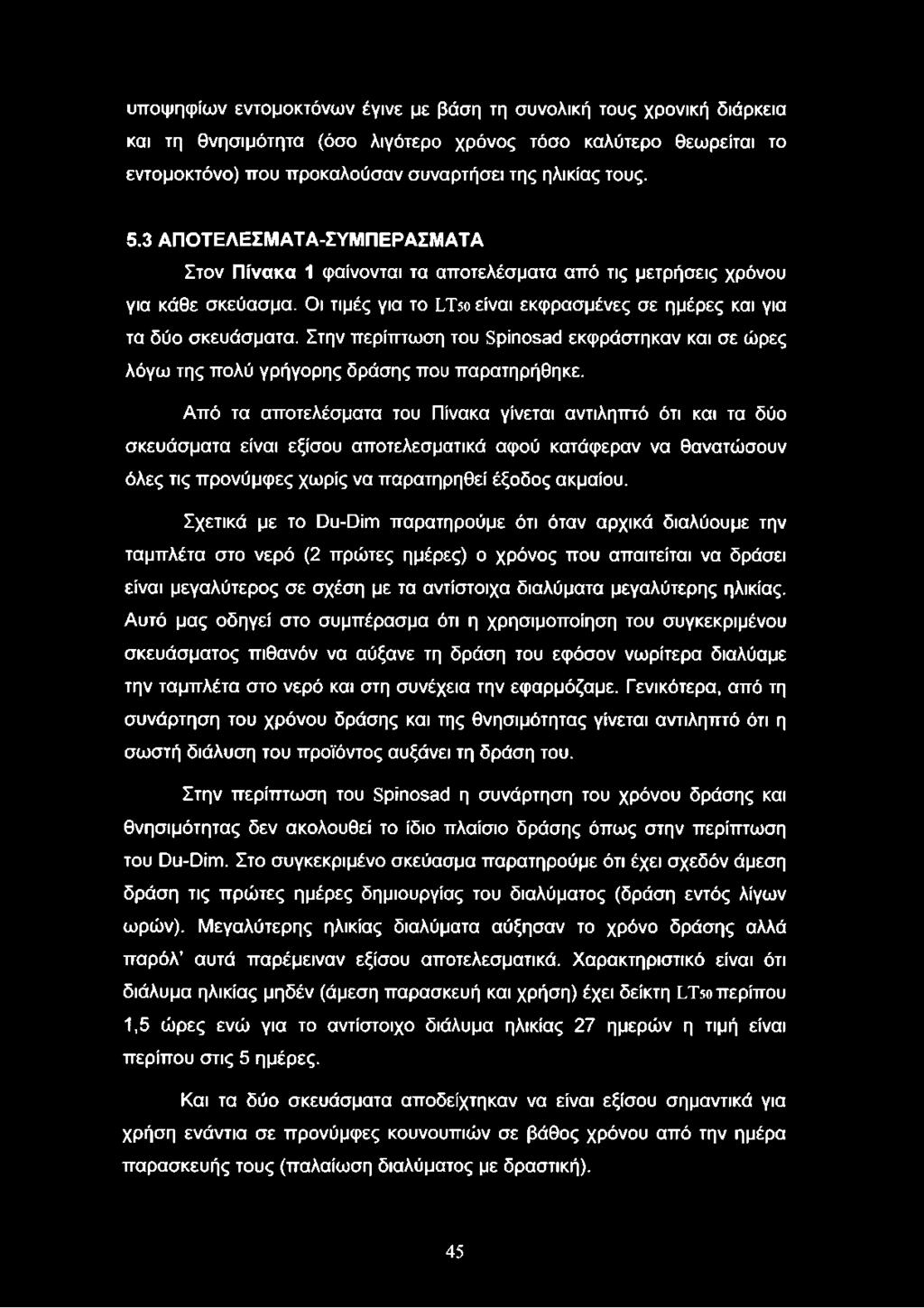 Στην περίπτωση του Spinosad εκφράστηκαν και σε ώρες λόγω της πολύ γρήγορης δράσης που παρατηρήθηκε.