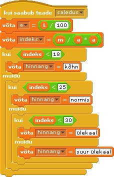 def saledus(l, m): # funktsioon """ Annab massiindeksi alusel hinnangu toitumusaste kohta.