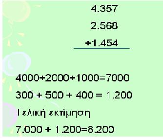 Ζητώντας από τα παιδιά να υπολογίσουν το άθροισμα των μπροστινών ψηφίων, αφού αντικαταστήσουν τα υπόλοιπα με μηδενικά, απαντούν 7.000. Στο σημείο αυτό εμφανίζεται το πρώτο βήμα σκέψης.