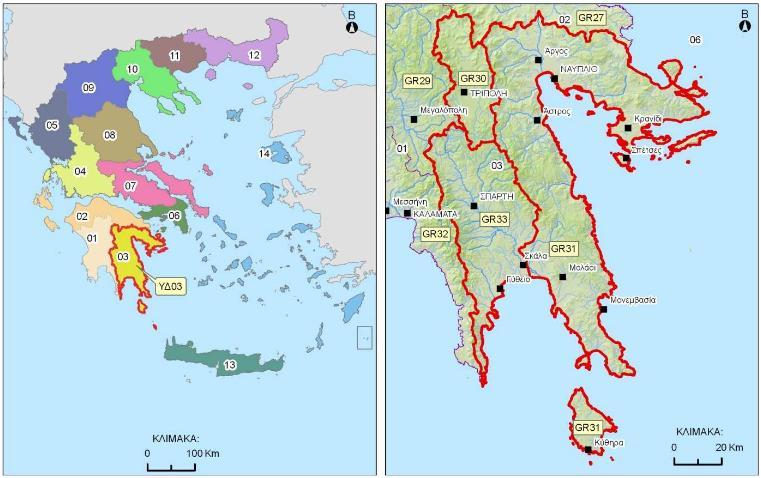 Εικόνα 2.1.1.4: (αριστερά)υδατικό διαμέρισμα Ανατολικής Πελοποννήσου (ΥΔ03), (δεξιά) Λεκάνες απορροής (Πηγή: http://83.212.112.