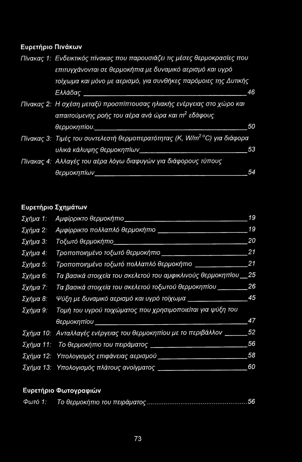 Ευρετήριο Πινάκων Πίνακας 1: Ενδεικτικός πίνακας που παρουσιάζει τις μέσες θερμοκρασίες που επιτυγχάνονται σε θερμοκήπια με δυναμικό αερισμό και υγρό τοίχωμα και μόνο με αερισμό, για συνθήκες