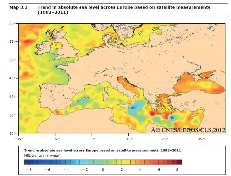 Εικόνα 6: Τάσεις σε απόλυτο επίπεδο στάθμης της θάλασσας σε όλη την Ευρώπη