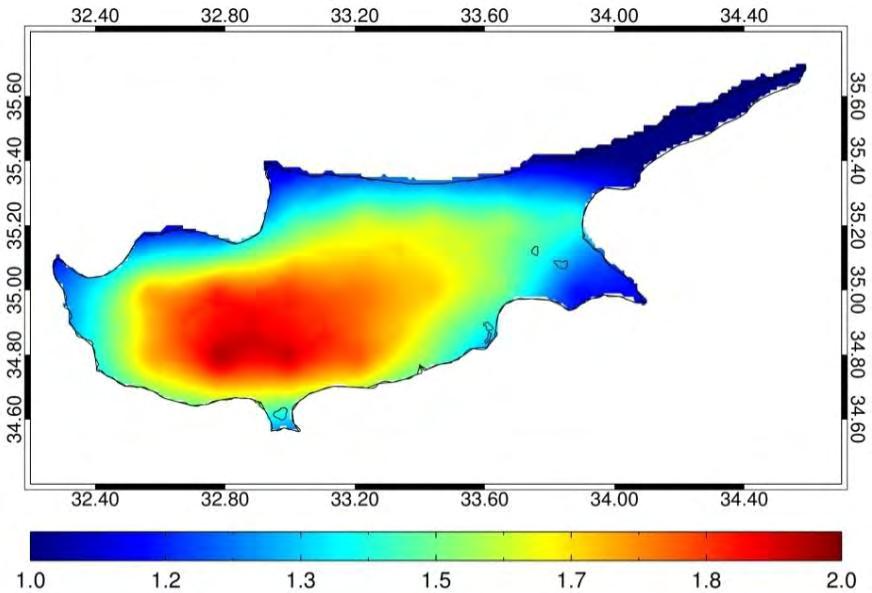 μέση ετήσια μέγιστη θερμοκρασία της περιόδου 2021 2050 σε