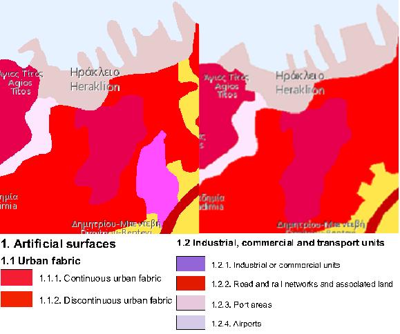 Για την αστική περιοχή του Ηρακλείου επίσης δεν παρατηρείται κάποια ουσιαστική μεταβολή στην κάλυψη γης για το χρονικό διάστημα 2000-2012 (Εικόνα 12).