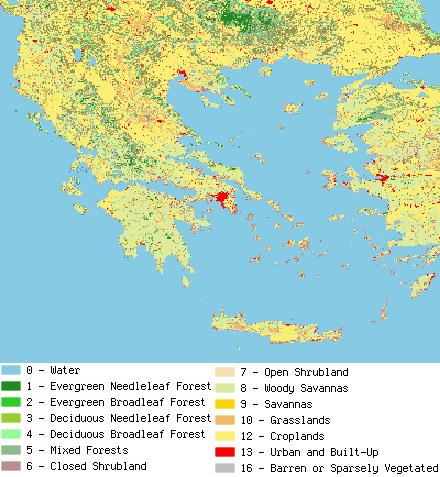 Εικόνα 19: Δορυφορικός χάρτης κάλυψης γης για την Ελλάδα Τα όρια των αστικών περιοχών που μελετήθηκαν, προσδιορίστηκαν μέσω του λογισμικού QGIS.
