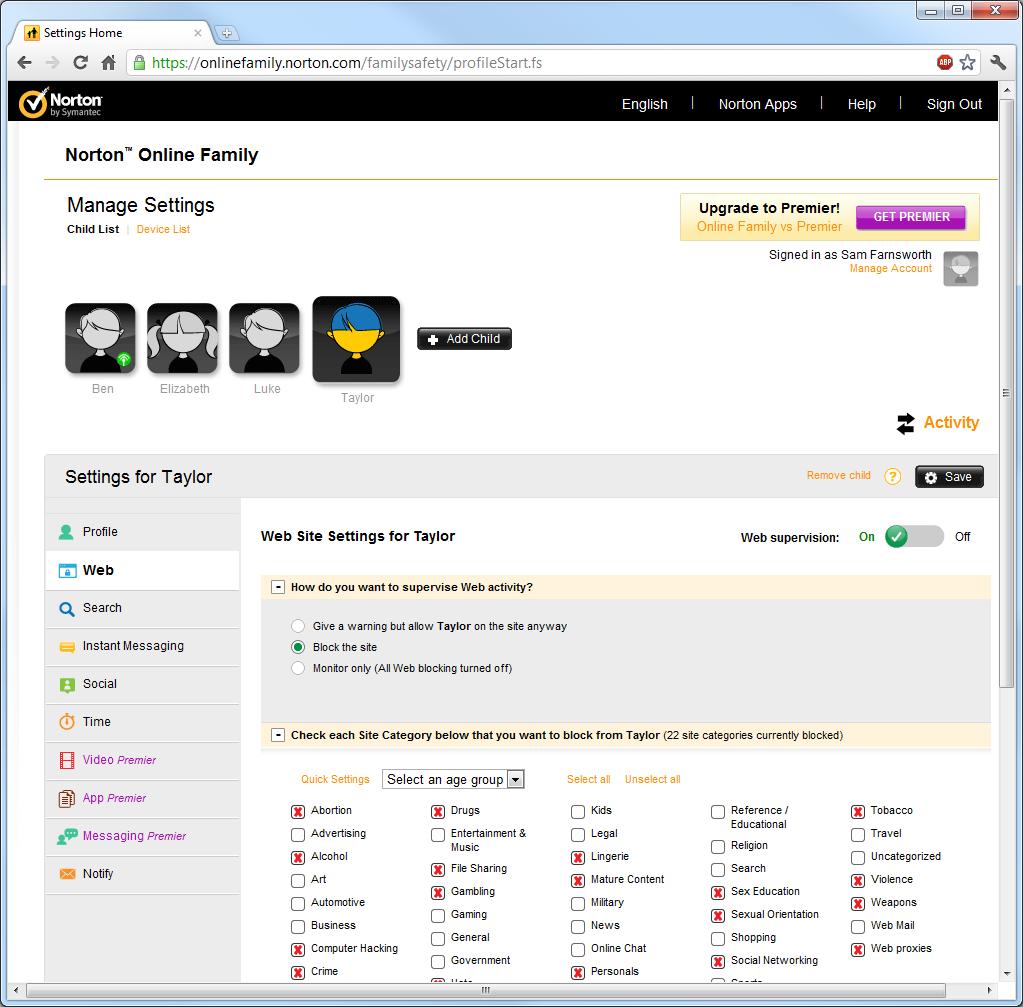 Norton Online Family Web Site ρυθμίσεις Επιλογή κατηγοριών για κάθε μέλος Οι default κατηγορίες είναι κατάλληλες για όλους Οι