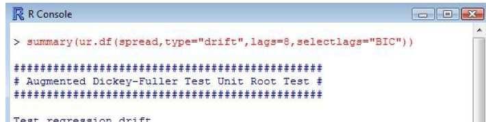 ADF test v R-ku Príklad: spread z predchádzajúcich prednášok (rozdiel dlhodobej a krátkodobej úrokovej miery) Príkaz: summary(ur.