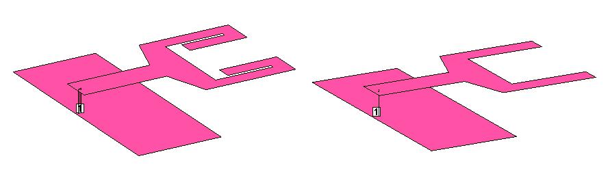Η απεικόνιση της κεραίας στα δυο επίπεδα αλλά και τρισδιάστατα φαίνεται παρακάτω: Σχήμα 3.3: Απεικόνιση κεραίας στο Project editor (κάτοψη) στα δύο επίπεδα Σχήμα 3.