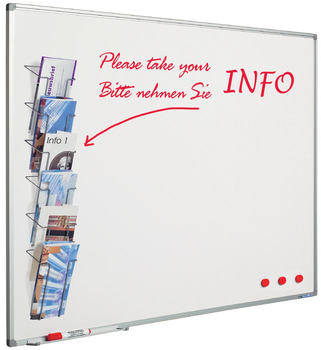 BROCHUREHOUERS BROCHURE HOLERS Ασπροπίνακας INFO Μαγνητικός πίνακας γραφής ξηρού καθαρισμού με ραφιέρα φυλλαδίων, από λευκή πορσελάνη. Διαστάσεις: 100 x 150 εκ. (ΥxΦ).