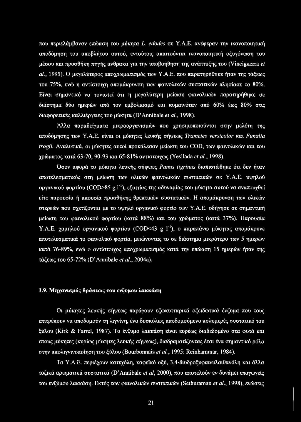 , 1995). Ο μεγαλύτερος αποχρωματισμός των Υ.Α.Ε. που παρατηρήθηκε ήταν της τάξεως του 75%, ενώ η αντίστοιχη απομάκρυνση των φαινολικών συστατικών πλησίασε το 80%.