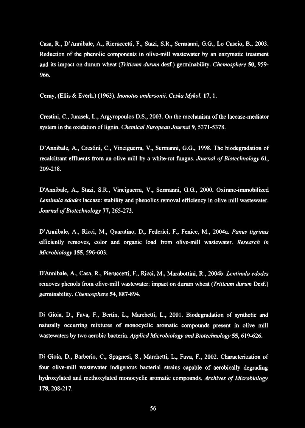 Cemy, (Ellis & Everh.) (1963). Inonotus andersonii. Ceska Mykol. 17, 1. Crestini, C., Jurasek, L., Argyropoulos D.S., 2003. On the mechanism of the laccase-mediator system in the oxidation of lignin.