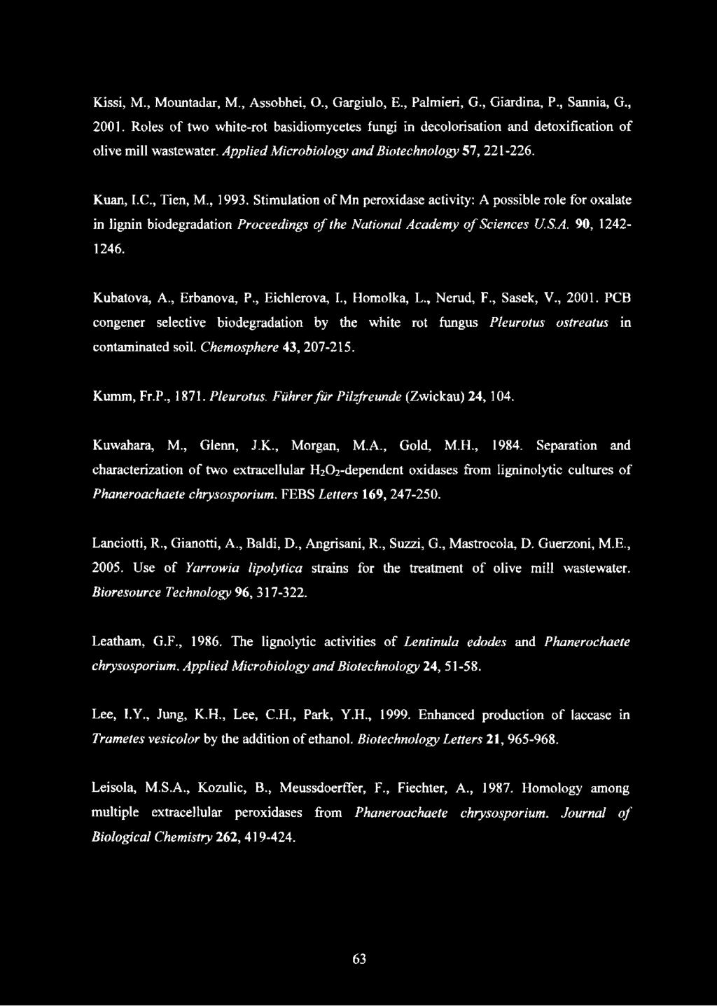 Stimulation of Mn peroxidase activity: A possible role for oxalate in lignin biodegradation Proceedings o f the National Academy o f Sciences U.S.A. 90, 1242-1246. Kubatova, A., Erbanova, P.