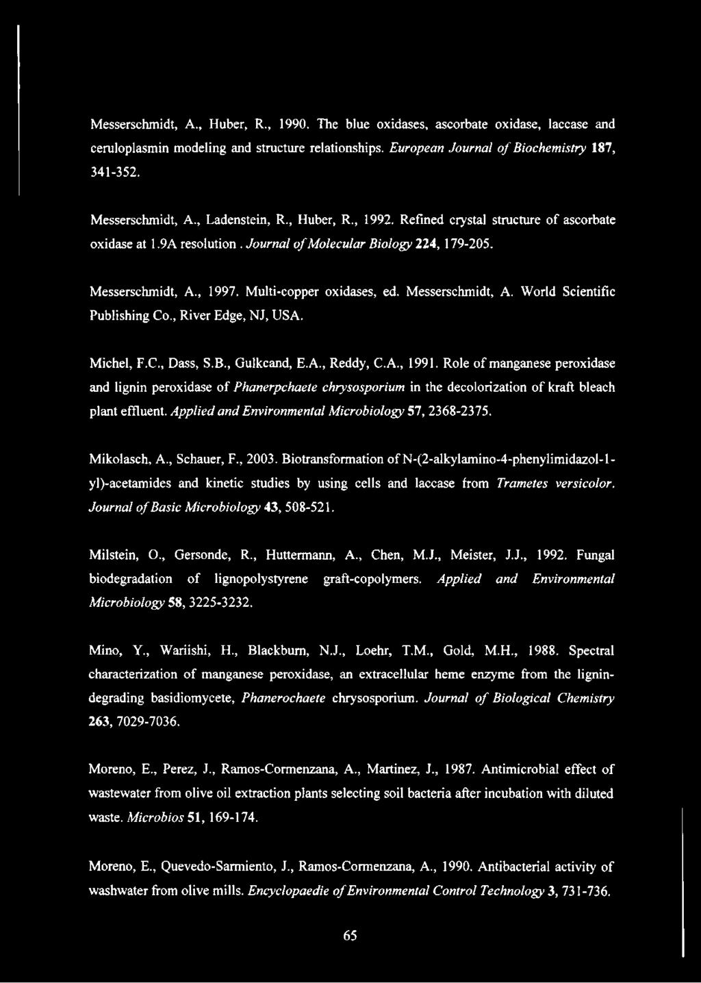Multi-copper oxidases, ed. Messerschmidt, A. World Scientific Publishing Co., River Edge, NJ, USA. Michel, F.C., Dass, S.B., Gulkcand, E.A., Reddy, C.A., 1991.