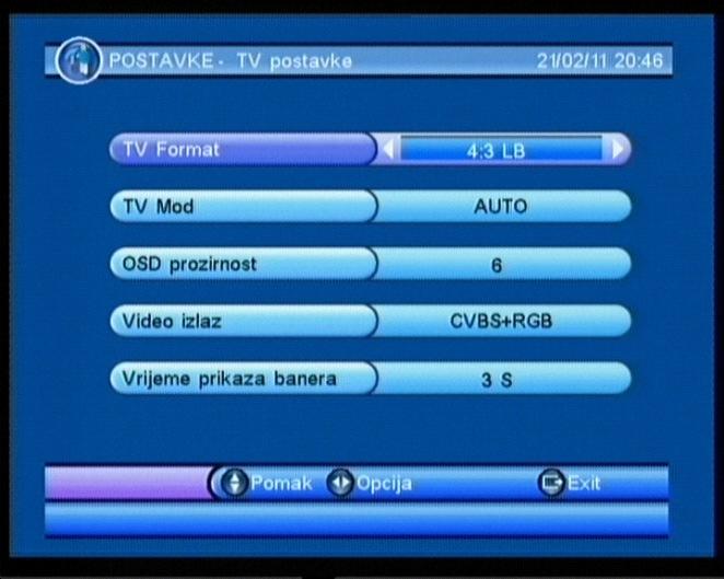 (16:9). TV Mod (TV Mode) odabir između PAL i NTSC video formata. Opcija AUTO sama će odabirati video format, ovisno o sadržaju gladanog programa.