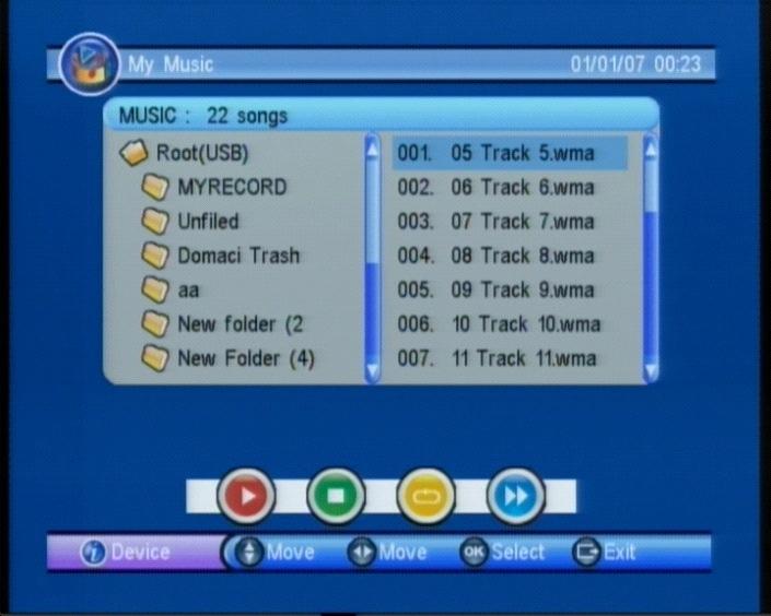 Slika 9 - Moja glazba Moji filmovi (My Movie) pomoću ove opcije Vaš prijemnik može reproducirati većinu MPEG 2/4 datoteka. Prikazuje naziv reproduciranog audio zapisa u lijevom gornjem kutu ekrana.