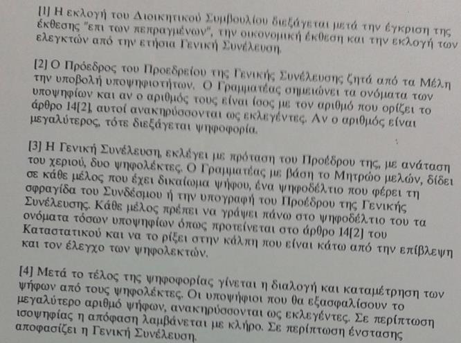 ΑΡΘΡΟ 23: ΕΚΛΟΓΗ ΔΙΟΙΚΗΤΙΚΟΥ ΣΥΜΒΟΥΛΙΟΥ: (1) Η εκλογή του Διοικητικού Συμβουλίου διεξάγεται μετά την έγκριση της έκθεσης επί των πεπραγμένων, την οικονομική έκθεση και την εκλογή των ελεγκτών από την