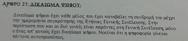 ΑΡΘΡΟ 29: ΔΙΚΑΙΩΜΑ ΨΗΦΟΥ: Δικαίωμα ψήφου έχει κάθε μέλος που έχει καταβάλει τη συνδρομή του μέχρι την ημερομηνία συγκρότησης της Ετήσια Γενικής