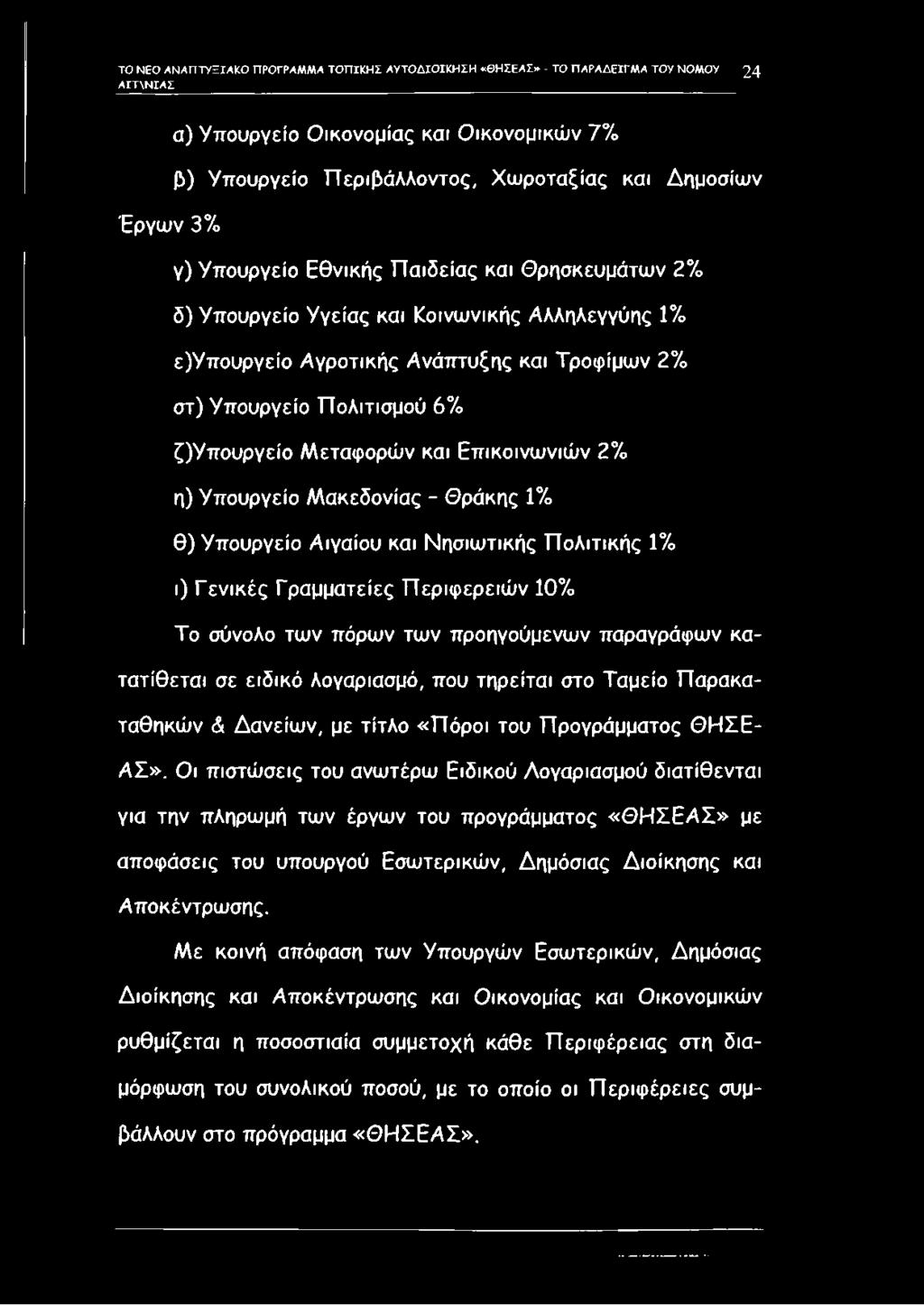 ζ)υπουργείο Μεταφορών και Επικοινωνιών 2% η) Υπουργείο Μακεδονίας - Θράκης 1% θ) Υπουργείο Αιγαίου και Νησιωτικής Πολιτικής 1% ι) Γενικές Γραμματείες Περιφερειών 10% Το σύνολο των πόρων των