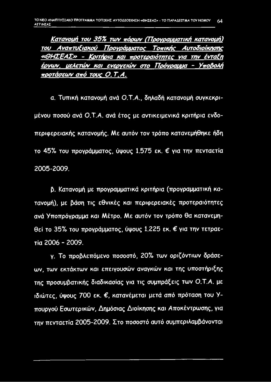 Τ.Α. ανά έτος με αντικειμενικά κριτήρια ενδο- περιφερειακής κατανομής. Με αυτόν τον τρόπο κατανεμήθηκε ήδη το 45% του προγράμματος, ύψους 1.575 εκ. για την πενταετία 2005-2009. β.