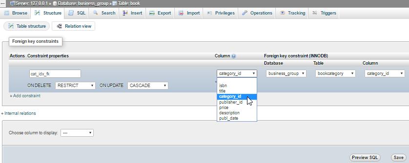 Δήλωση category_id σαν ξένο κλείδι Προβολή Σχέσης Γράφουμε ένα όνομα, όπως cat_idx_fk Επιλέγουμε το πεδίο που θα συσχετιστεί με το ξένο πίνακα.