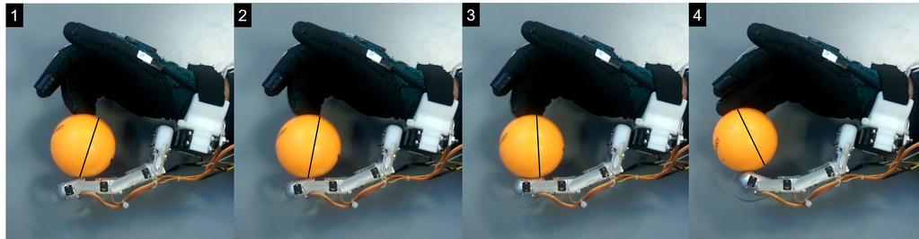 4.6. Πειραματικά αποτελέσματα 75 (a) Σχήμα 4.0: Στιγμιότυπα εκτέλεσης κύλισης που πραγματοποιήθηκαν με τη χρήση του ρομποτικού δαχτύλου, (a) Μπάλα και (b) Μπουκάλι.