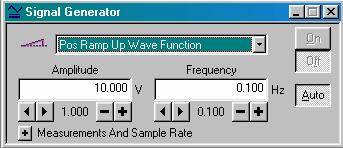צורת המתח Pos Ramp Up wave ותדירות של המתח ליניארית מ 0 עד 10 V במשך זמן של 10 שניות.