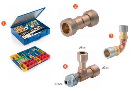 Елементи за поврзување на цевки со притискање 1 Комплет со фитинзи, конектори и адаптери 2 Притисен конектор за прави