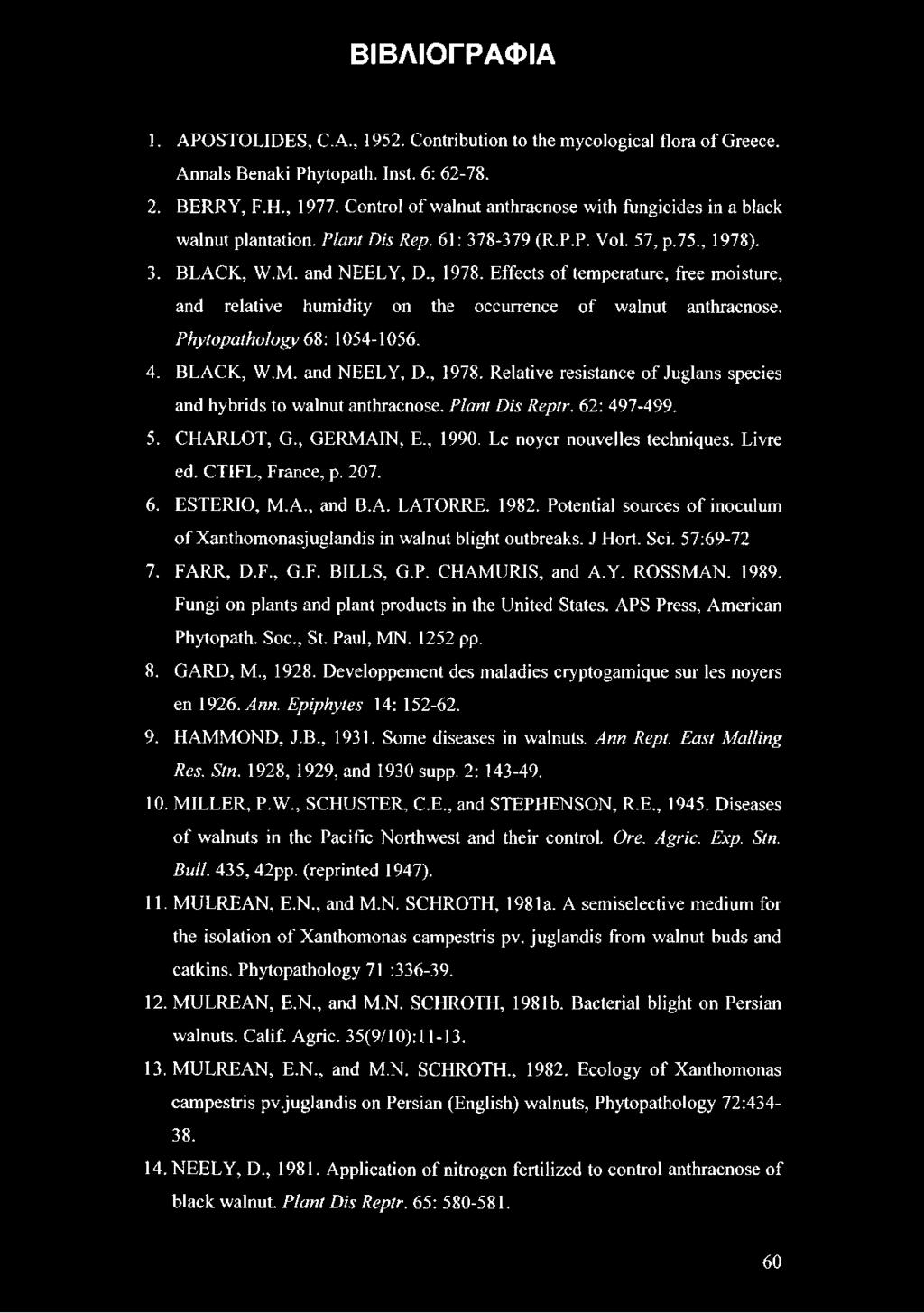 . 3. BLACK, W.M. and NEELY, D., 1978. Effects of temperature, free moisture, and relative humidity on the occurrence of walnut anthracnose. Phytopathology 68: 1054-1056. 4. BLACK, W.M. and NEELY, D., 1978. Relative resistance of Juglans species and hybrids to walnut anthracnose.