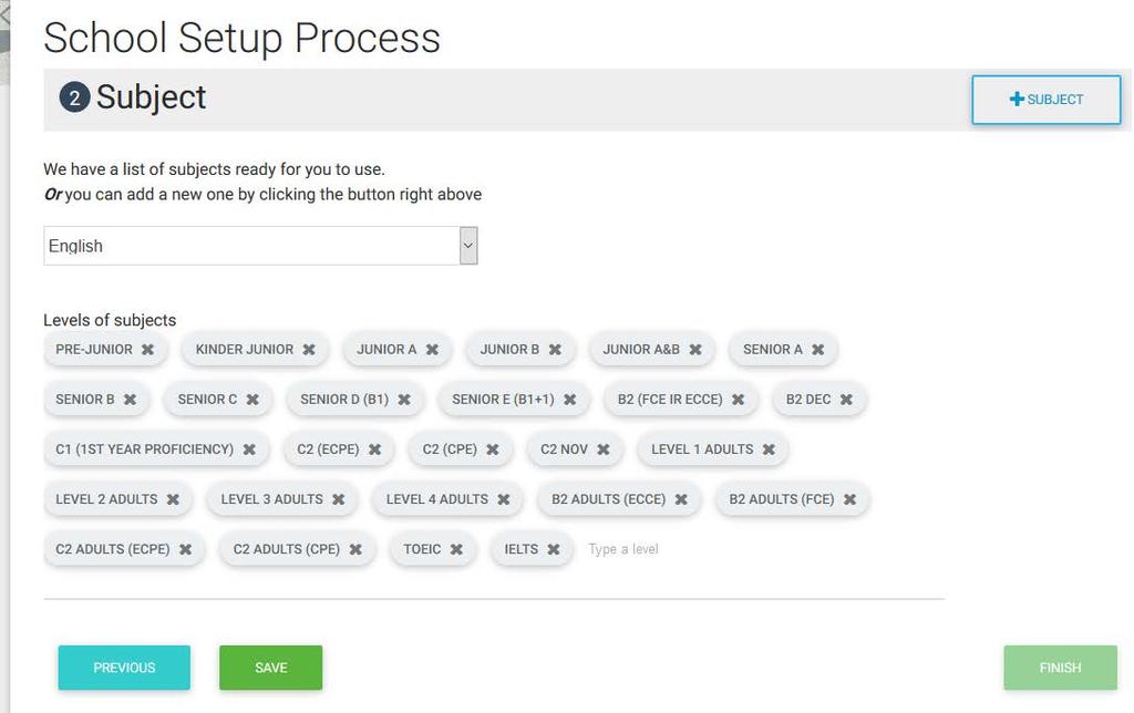 Επιλέγοντας Αγγλικά, για παράδειγμα, στα ήδη υπάρχοντα Subjects, θα παρατηρήσετε ότι ακριβώς από κάτω υπάρχουν τα Levels of Subject. Αυτά αφορούν στα επίπεδα που δουλεύετε στο σχολείο σας.