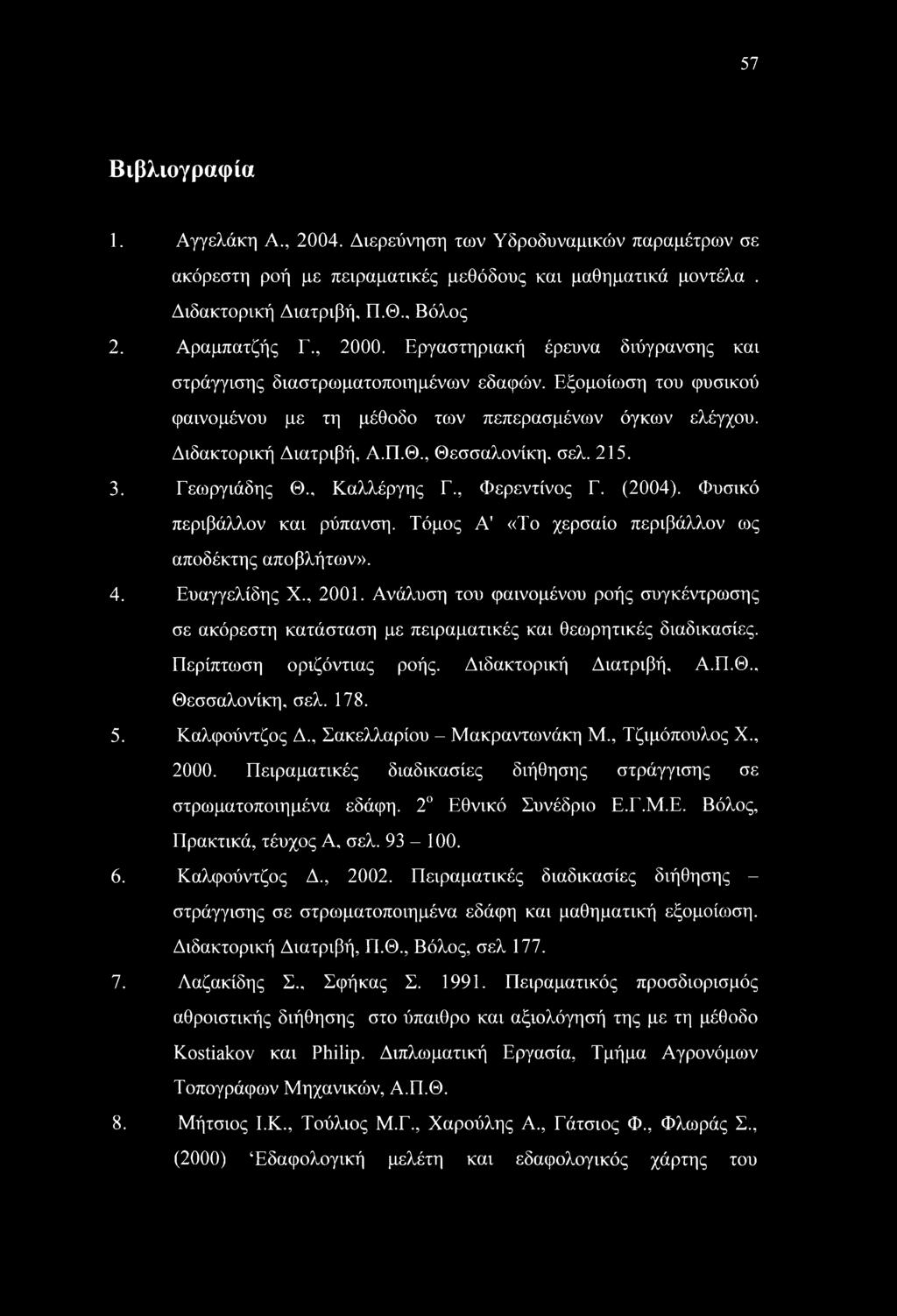 215. 3. Γεοιργιάδης Θ., Καλλέργης Γ., Φερεντίνος Γ. (2004). Φυσικό περιβάλλον και ρύπανση. Τόμος Α' «Το χερσαίο περιβάλλον ως αποδέκτης αποβλήτοιν». 4. Ευαγγελίδης X., 2001.