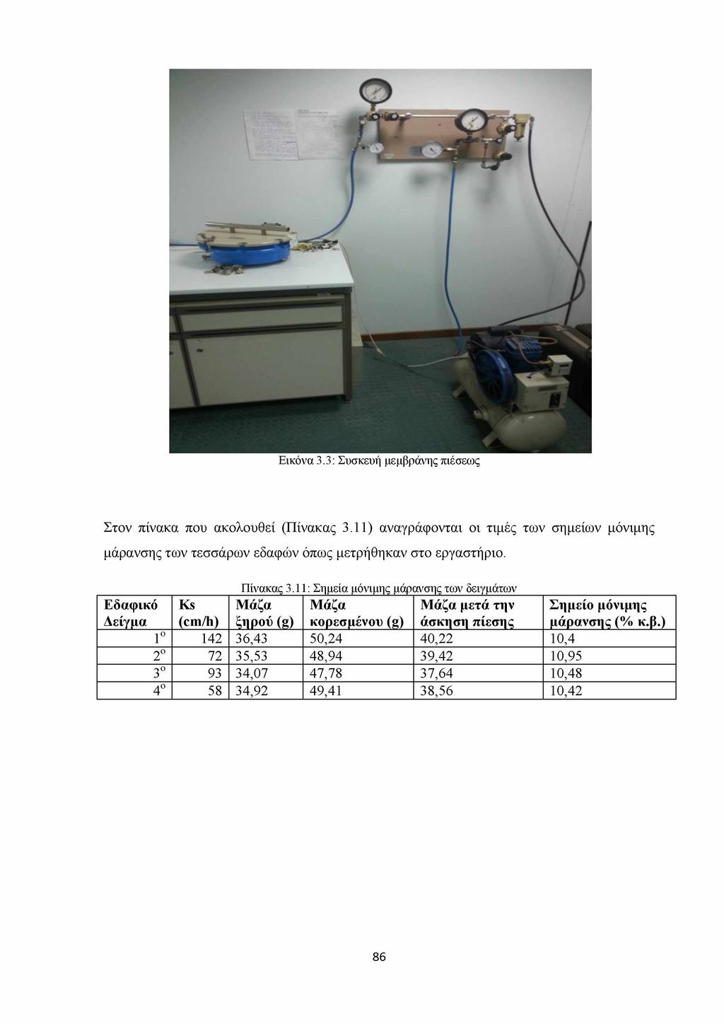 Εικόνα 3.3: Συσκευή μεμβράνης πιέσεως Στον πίνακα που ακολουθεί (Πίνακας 3.11) αναγράφονται οι τιμές των σημείων μόνιμης μάρανσης των τεσσάρων εδαφών όπως μετρήθηκαν στο εργαστήριο.