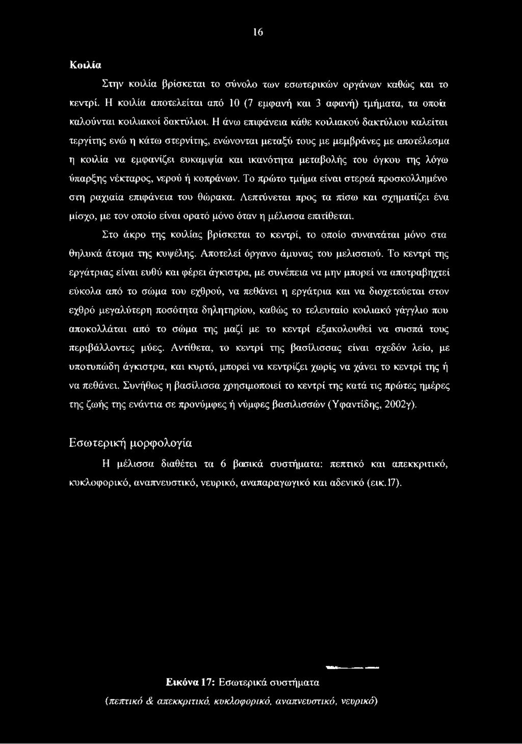 λόγω ύπαρξης νέκταρος, νερού ή κοπράνων. Το πρώτο τμήμα είναι στερεά προσκολλημένο στη ραχιαία επιφάνεια του θώρακα.