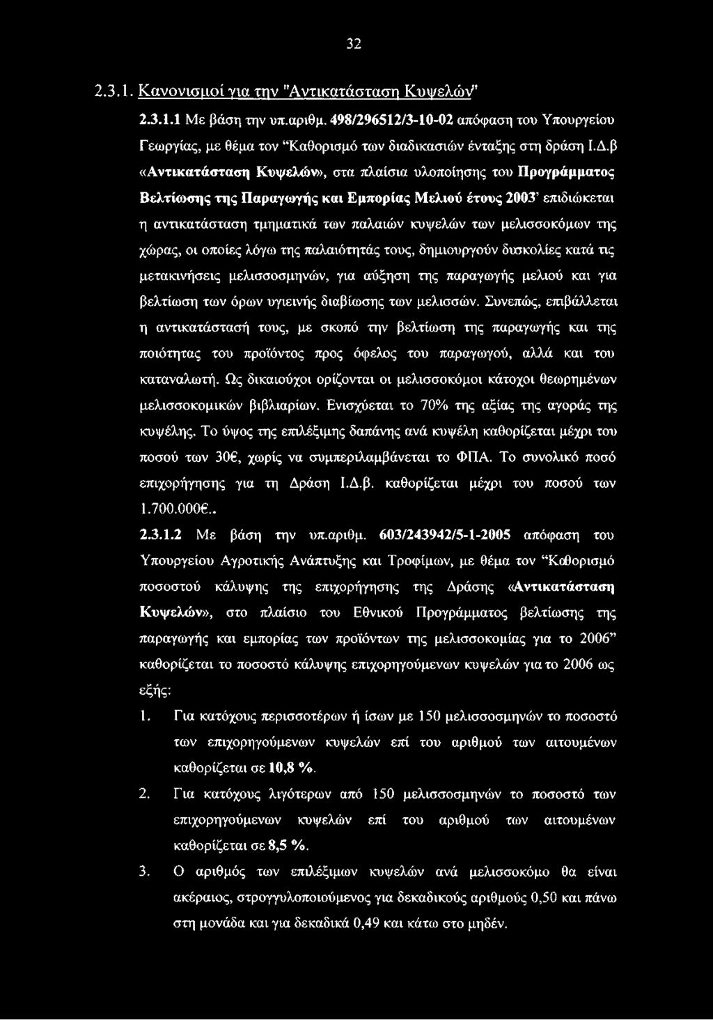 της χώρας, οι οποίες λόγω της παλαιότητάς τους, δημιουργούν δυσκολίες κατά τις μετακινήσεις μελισσοσμηνών, για αύξηση της παραγωγής μελιού και για βελτίωση των όρων υγιεινής διαβίωσης των μελισσών.