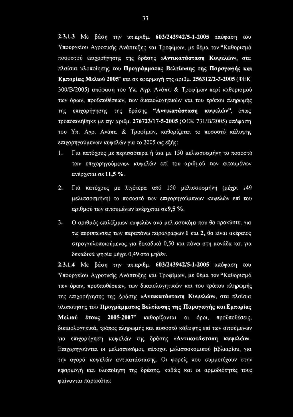 Βελτίωσης της Παραγωγής και Εμπορίας Μελιού 2005 και σε εφαρμογή της αριθμ. 256312/2-3-2005 (ΦΕΚ 300/Β/2005) απόφαση του Υπ. Αγρ. Ανάπτ.