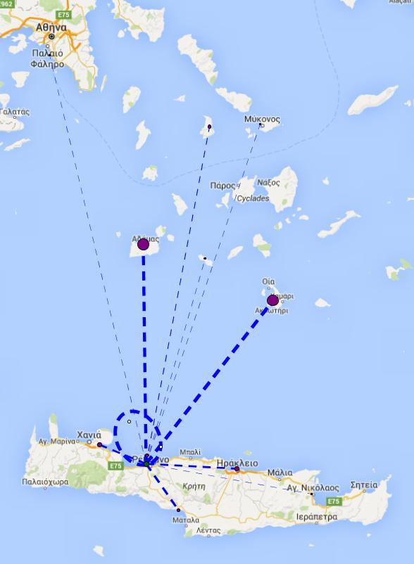 Εικόνα 5-53 Το εκδρομικό δίκτυο του υδατοδρομίου του Ρεθύμνου Υ4 Από το υδατοδρόμιο των Χανίων θα πραγματοποιούνται 1 33 εκδρομικές πτήσεις, εκ των οποίων οι 33 3 θα δρομολογούνται με στάσεις και οι