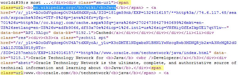 Εικόνα 5.5: Στιγμιότυπα του πηγαίου κώδικα της Yahoo για αναζήτηση με ερώτημα «java».