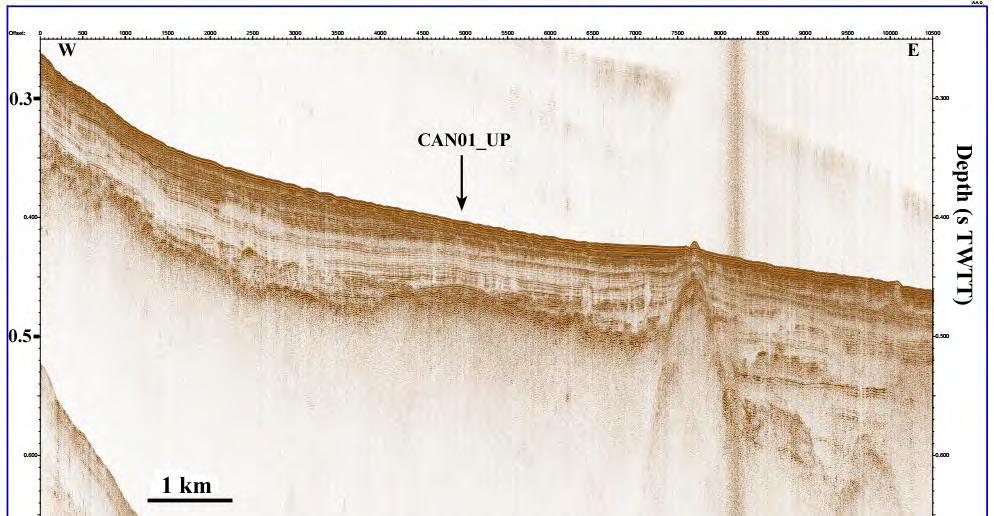 Eικ.22: Τομογραφία sparker κατά μήκος του άξονα του Canyon και η θέση του πυρήνα CAN01_UP. Η τομογραφία αναπαριστά την μισή σεισμική γραμμή που απεικονίζεται στην Εικ. 19.