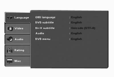 Μπορούν να ρυθµιστούν τα ακόλουθα σηµεία µενού: Language, Video, Audio, Rating και Misc. Με τα πλήκτρα ελέγχου κινείστε µέσα από το µενού OSD.