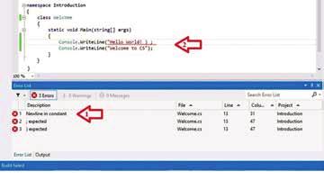 شکل 15 3 نشان دادن خطا در تایپ برنامه در محیط ویژوال استودیو مثال در شکل 15 3 مشاهده می کنید که یک خط قرمز در زیر عبارت World! Hello کشیده شده است.