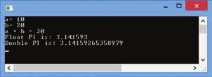 // Print the results on the console Console.WriteLine(''Float PI is: '' lowpi); Console.WriteLine(''Double PI is: '' highpi); } } Console.