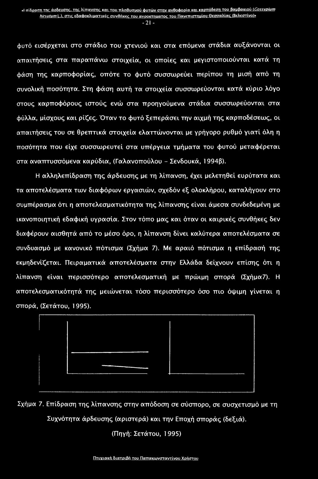 Όταν το φυτό ξεπεράσει την αιχμή της καρποδέσεως, οι απαιτήσεις του σε θρεπτικά στοιχεία ελαττώνονται με γρήγορο ρυθμό γιατί όλη η ποσότητα που είχε συσσωρευτεί στα υπέργεια τμήματα του φυτού
