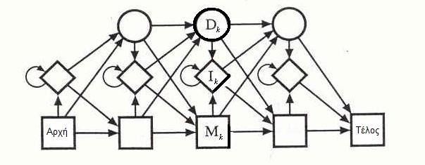 2.2.2 Profiles Hidden Markov Models: Τα Profiles Hidden Markov Models (phmm) αποτελούν μία ειδική κατηγορία του ΗΜΜ, τα οποία εστιάζουν στην περιγραφή της πολλαπλής στοίχισης των αλληλουχιών.