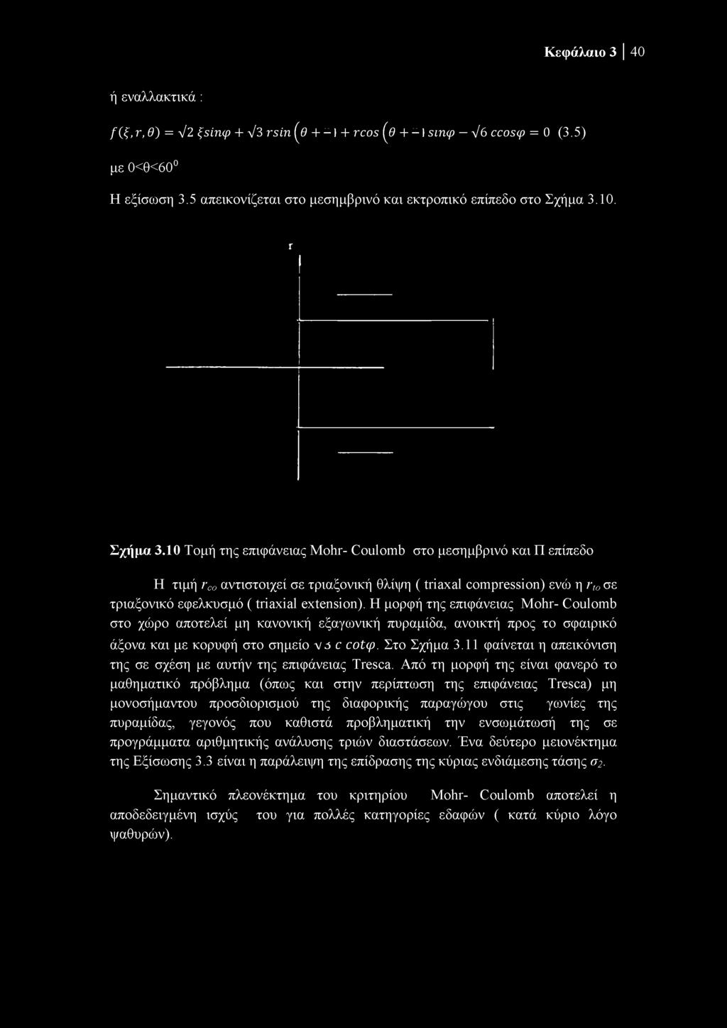 Κεφάλαιο 3 40 ή εναλλακτικά : f ( ξ,τ, θ) = V2 ξsi ηφ + V3 r sin ( θ + + rcοs ( θ + s ιηφ V6 ccοsφ = 0 (3.5) με 0<θ<60 Η εξίσωση 3.5 απεικονίζεται στο μεσημβρινό και εκτροπικό επίπεδο στο Σχήμα 3.10.